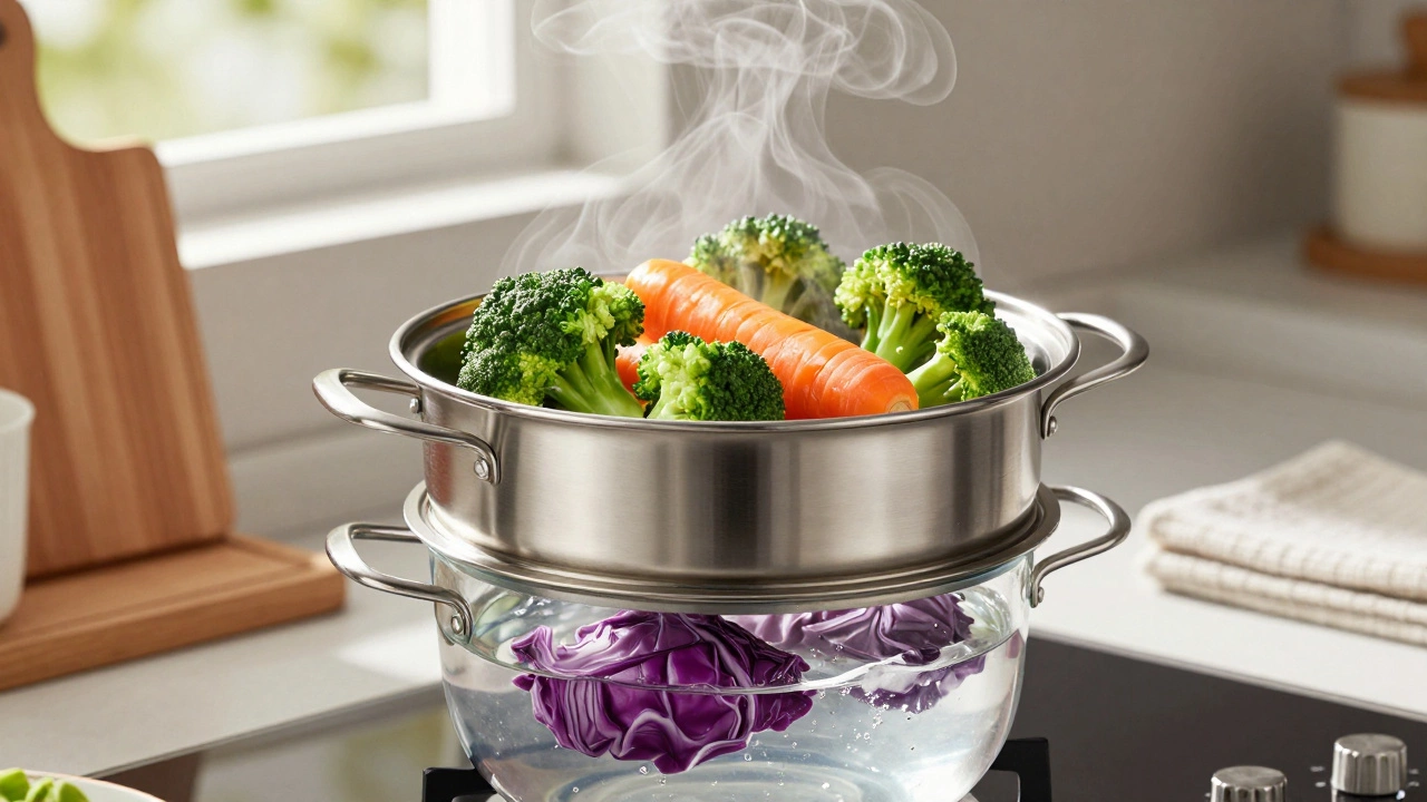 Пароварка с овощами, пар поднимается над кипящей водой в стеклянной кастрюле.