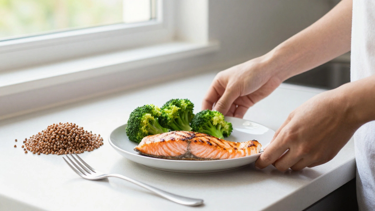 Приготовление рыбы с брокколи и гречкой на кухонной стойке