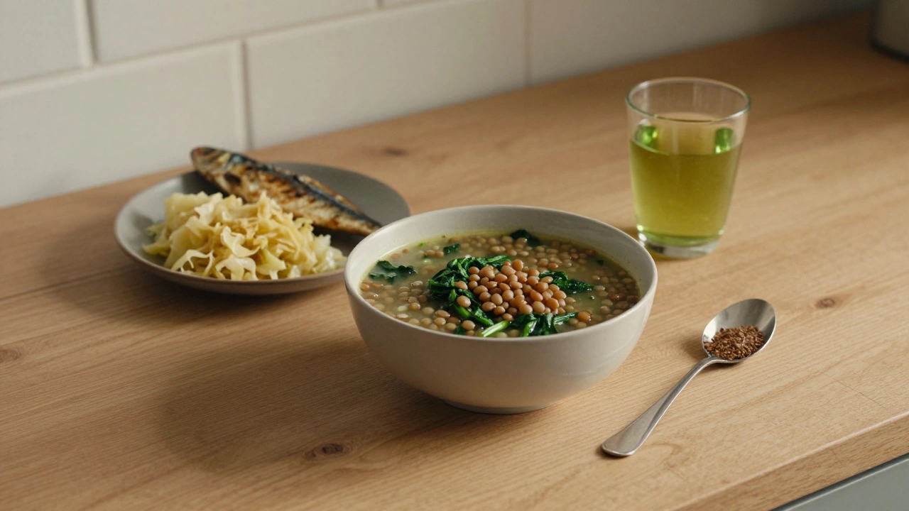 Простой русский обед: суп из чечевицы, сельдь, квашеная капуста и зеленый чай.