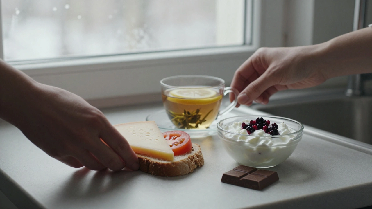 Простые продукты: сыр с помидором, чай с лимоном, кефир с ягодами и шоколад.