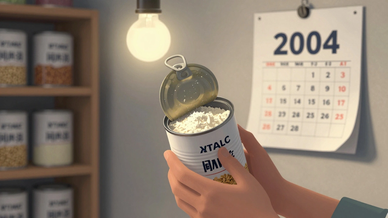 Рука открывает старый контейнер с сухими продуктами, на фоне — стеллажи с аналогичными банками, атмосфера подготовки к выживанию.