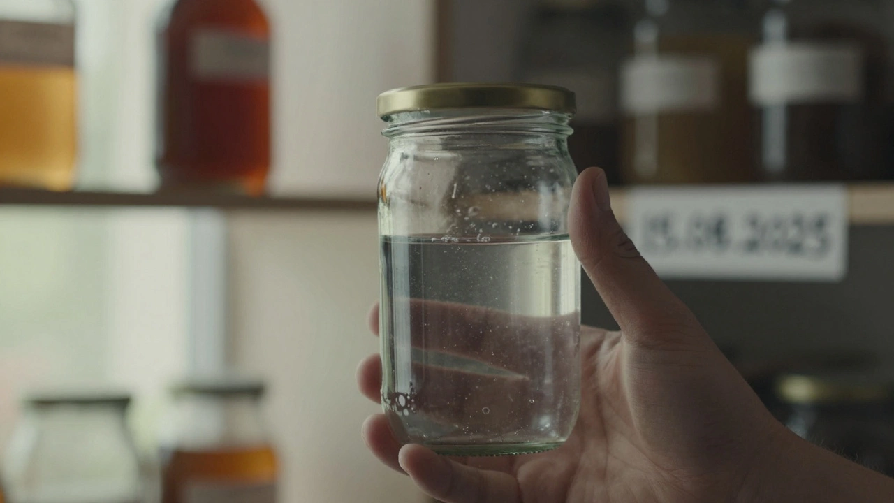 Рука проверяет банку с маринованными огурцами: крышка слегка выпуклая, в жидкости видны пузырьки.