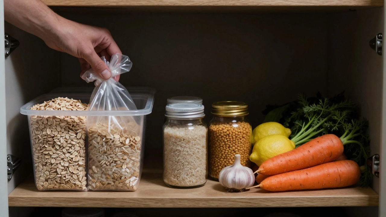 Рука убирает вредные продукты в коробку, а рядом на полке — базовые полезные ингредиенты.