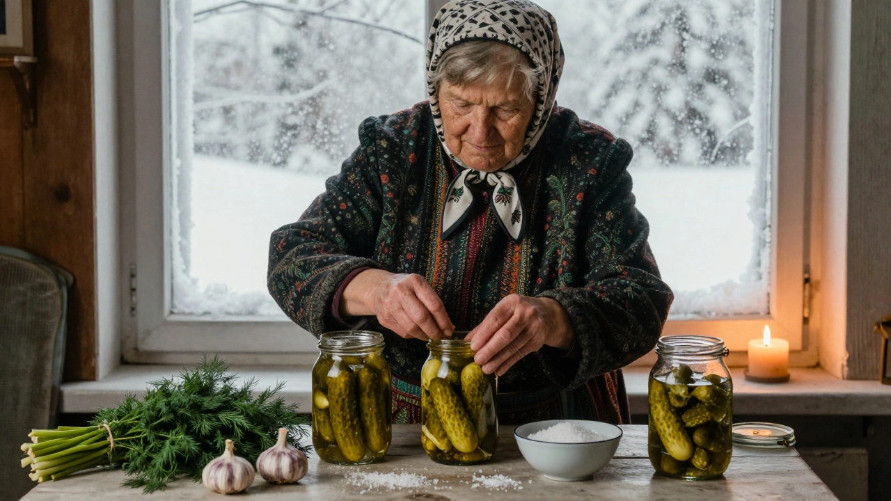 Русская кухня зимой, женщина консервирует огурцы, свет свечей, инкрустированные банки.