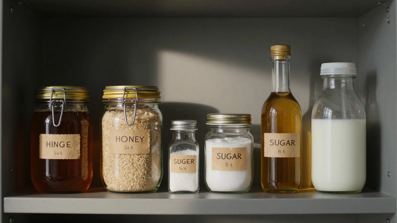 Современная кладовая с герметичными банками меда, риса, соли и уксуса, этикетки с датами 1980-х годов.