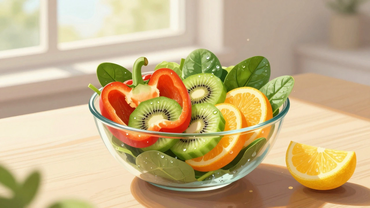 Свежий салат из болгарского перца, киви, шпината и апельсина на деревянной поверхности.