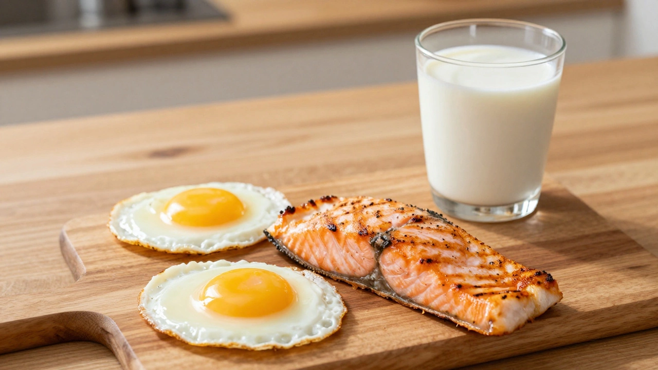 Тарелка с лососем, яичными желтками и обогащенным молоком