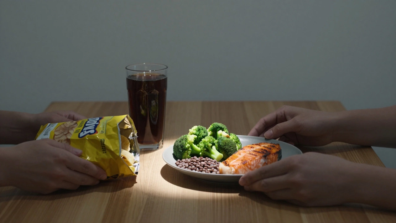 Три руки кладут на стол разные продукты: вредные и полезные — свет падает только на здоровую еду.