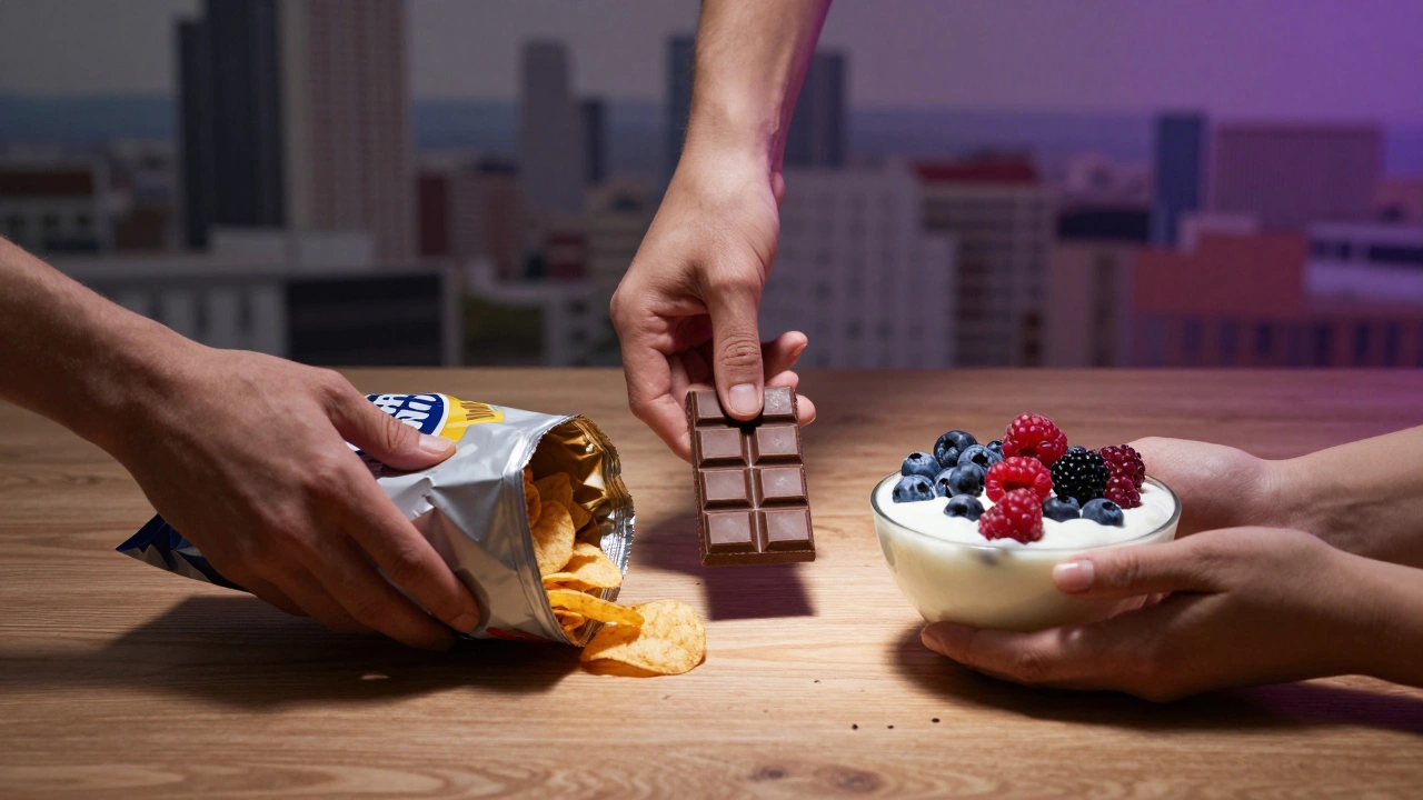 Три руки: одна держит чипсы, другая — шоколад, третья — ягоды и йогурт — свет и тень