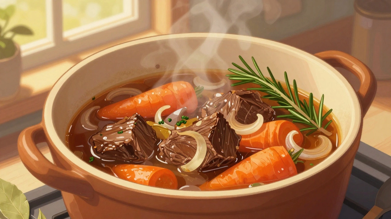 Тушёное мясо с овощами в керамической кастрюле, ароматные травы вокруг.