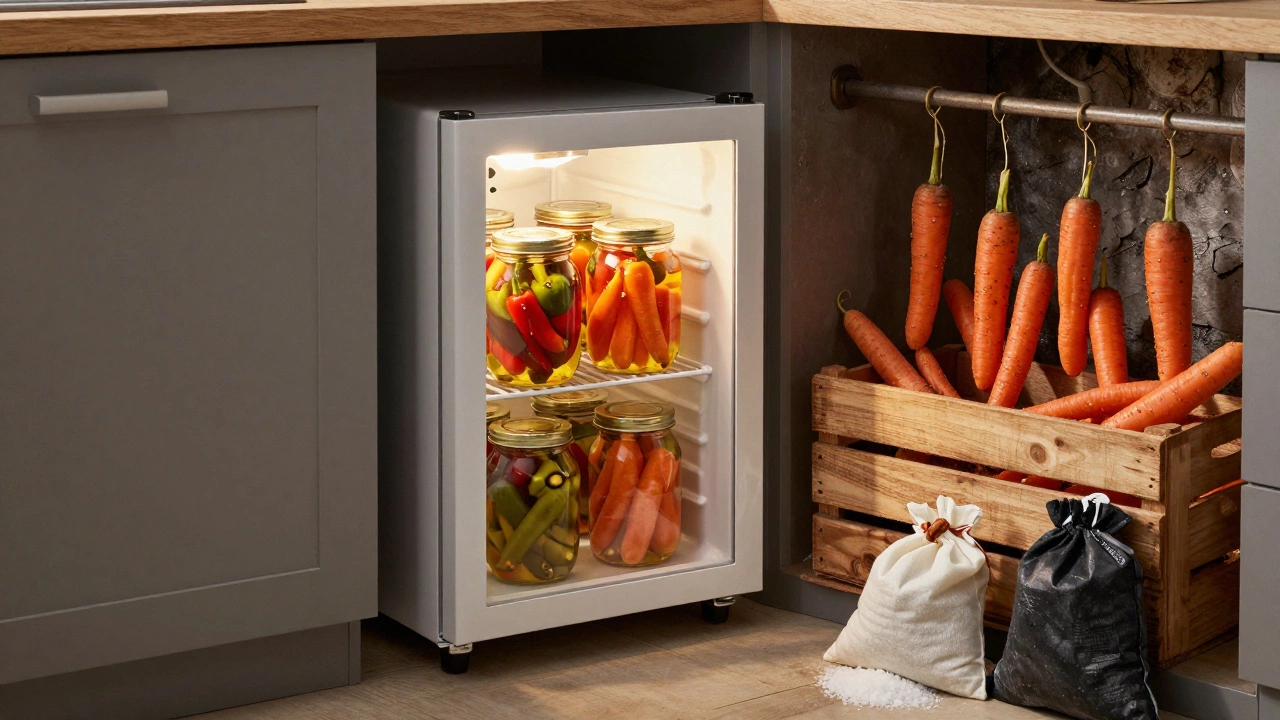 В холодильнике хранятся банки с овощами в масле, рядом в подвале — морковь в сетках, на полу — пакеты с солью для влаги.
