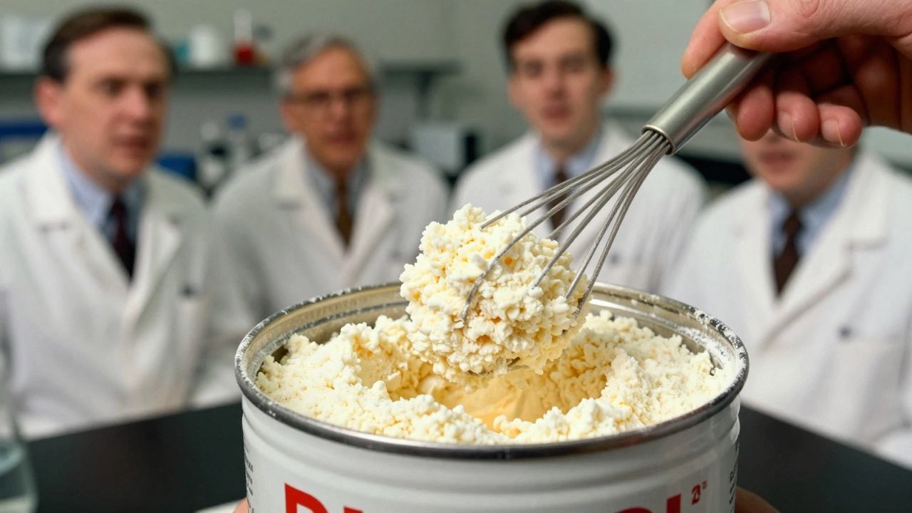 Вскрытая банка сухих яиц 1947 года, порошок превращается в пышную массу при взбивании.