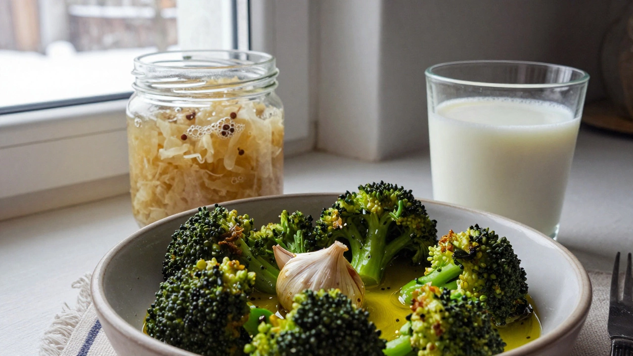 Жареная брокколи с чесноком и настоящая квашеная капуста в керамической миске.