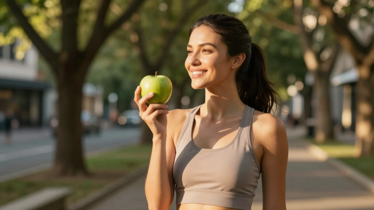 Бодрая женщина держит зелёное яблоко в парке на закате