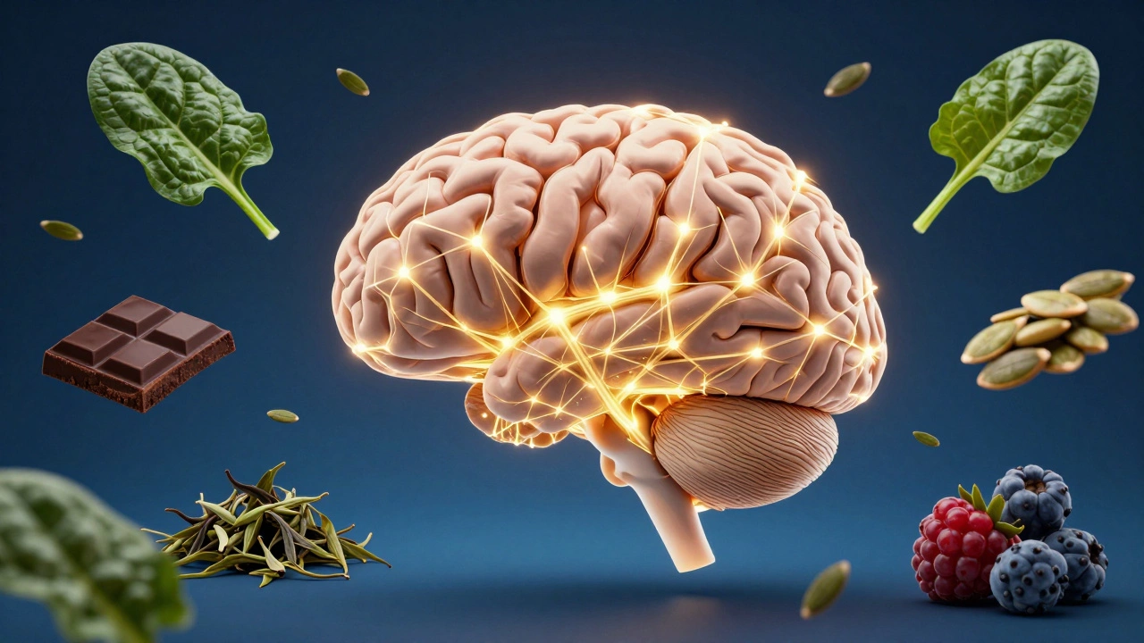 Человеческий мозг с светящимися нейронными связями, окруженный полезными продуктами