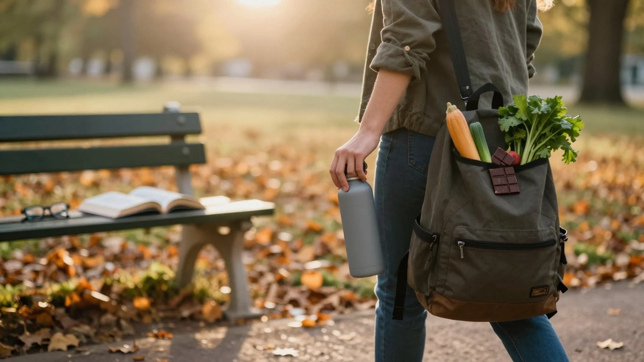 Человек гуляет на рассвете с водой и полезной едой, рядом книга и очки