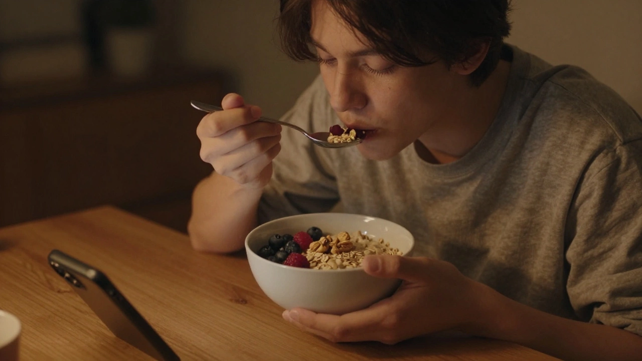 Человек с закрытыми глазами наслаждается едой, телефон отложен в сторону.