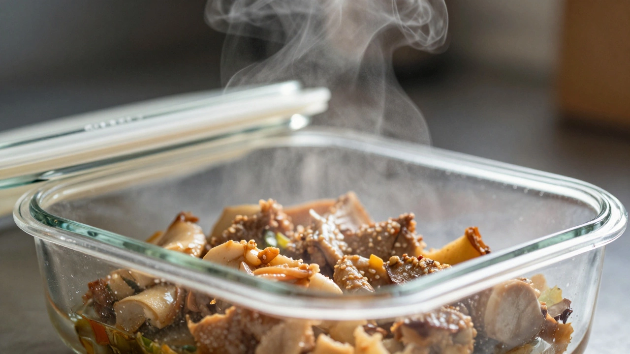 Горячее блюдо в контейнере с поднимающимся паром
