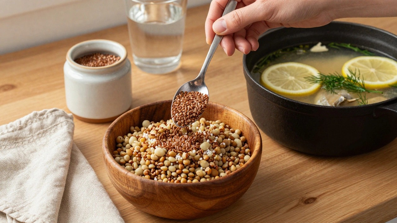 Готовая гречка и чечевица с рыбным супом и льняным семенем на кухонной стойке.