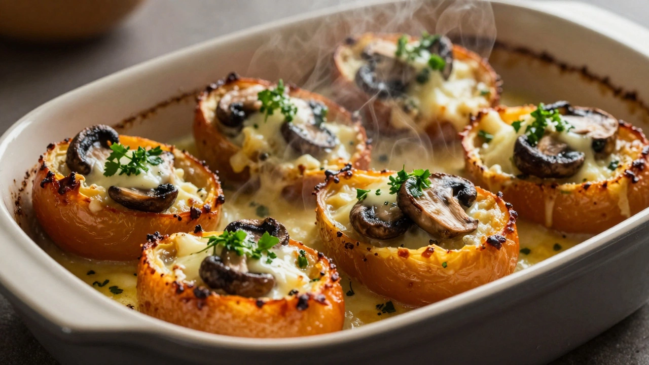 Готовое запечённое блюдо с золотистой корочкой в керамике