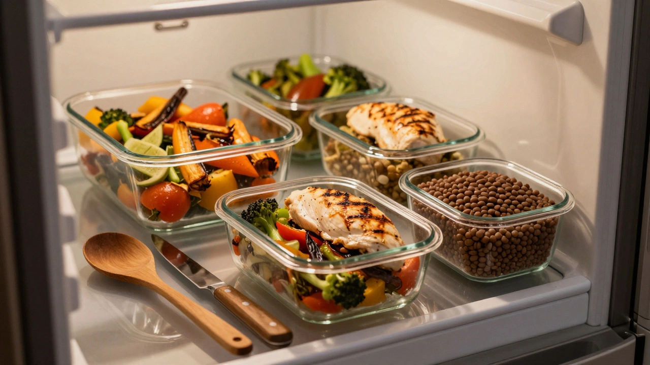 Готовые порции овощей и чечевицы в стеклянных контейнерах в холодильнике.