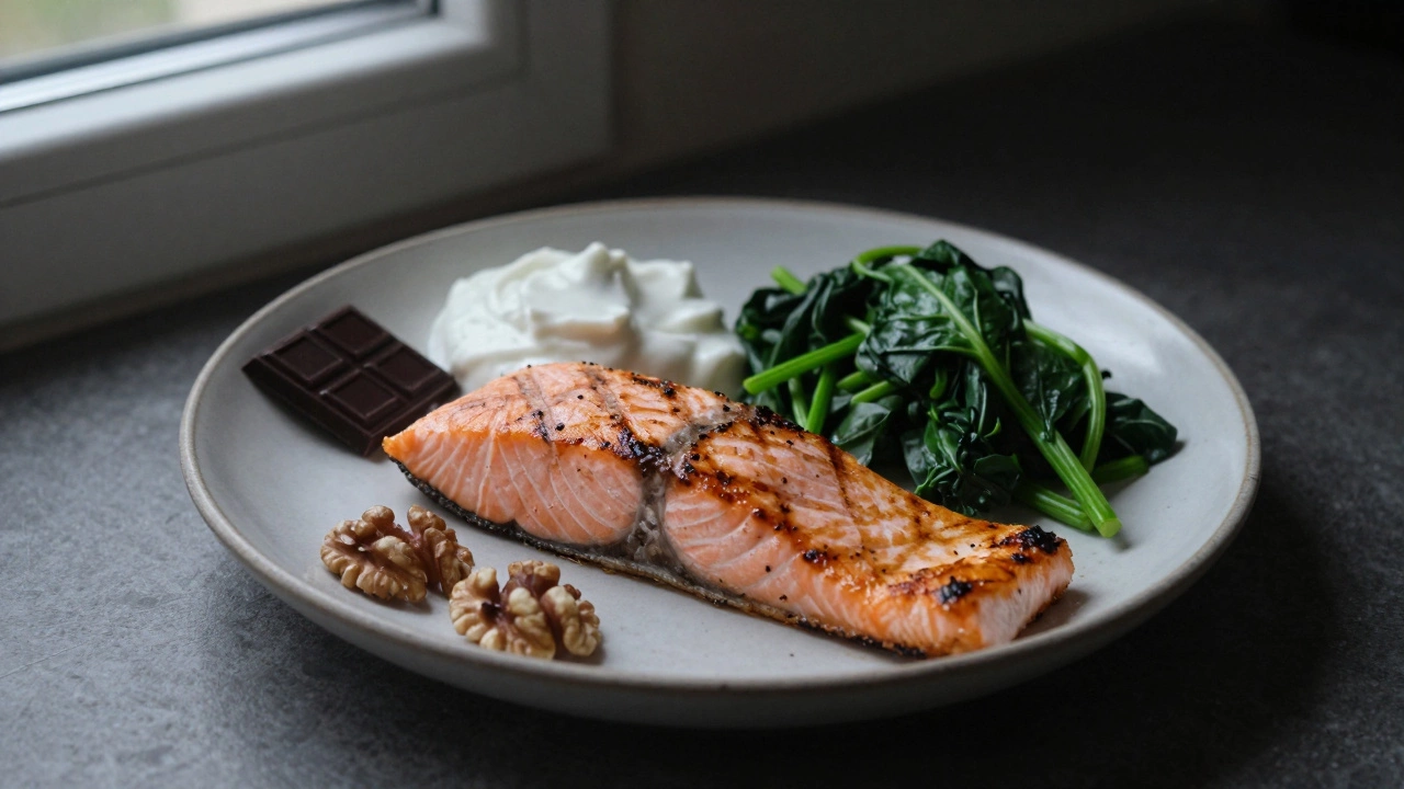 Гриль-лосось с шпинатом и йогуртом на тарелке, рядом грецкие орехи и тёмный шоколад.