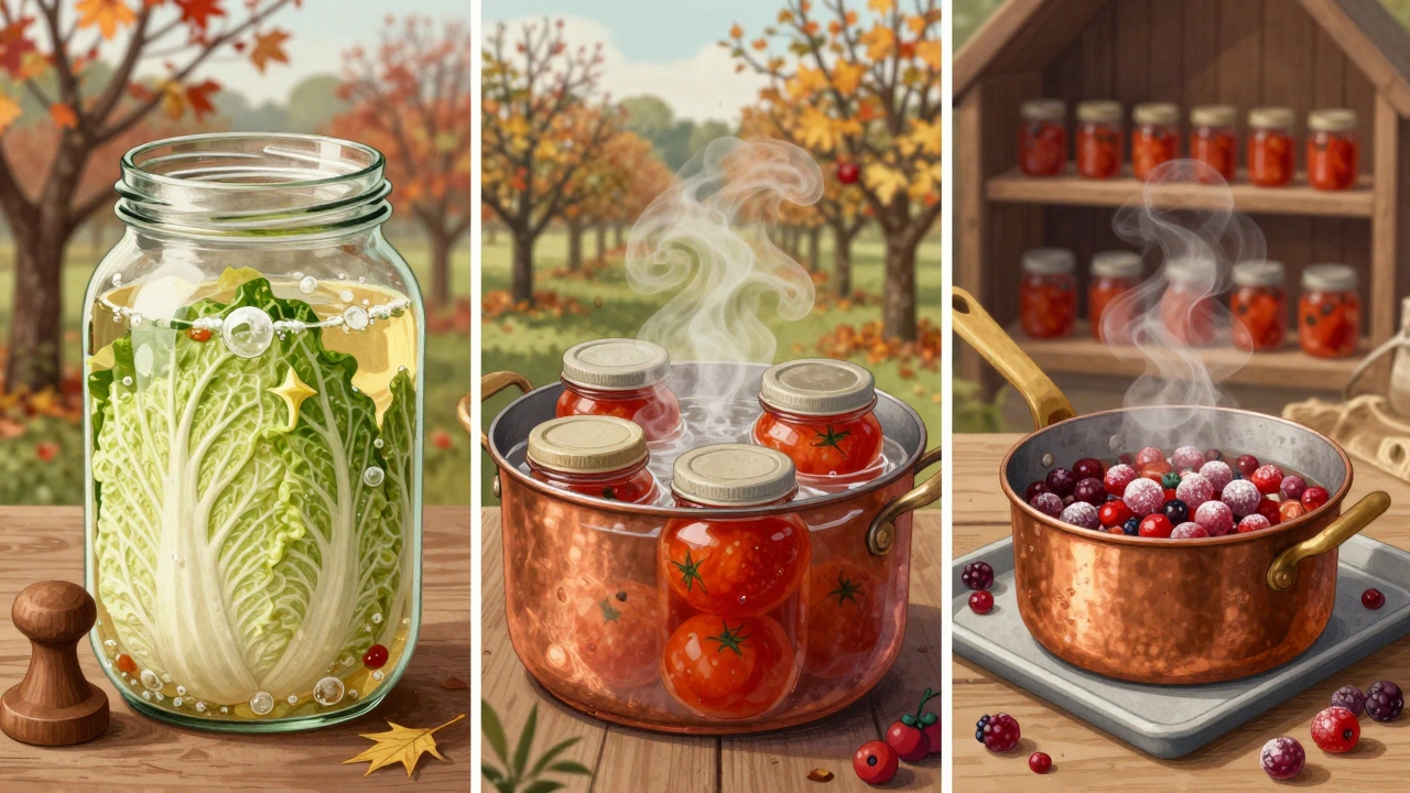 Иллюстрация трёх методов консервации: квашение, стерилизация и варка варенья, на фоне сада и погреба.