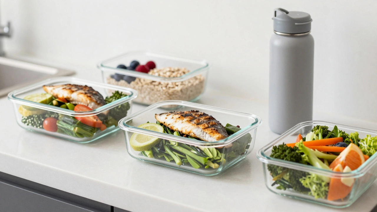 Контейнеры с полезной едой и вода для планирования меню на неделю.