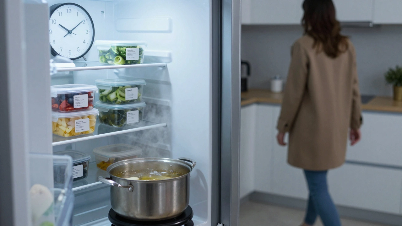 Контейнеры с приготовленной едой в холодильнике, кастрюля на плите, человек уходит с кухни.