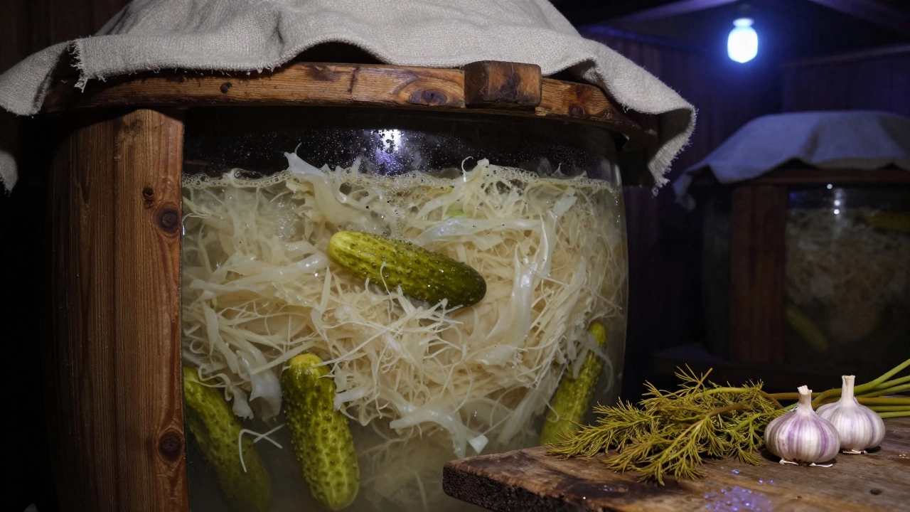 Квашеная капуста и соленые огурцы в деревянном погребе