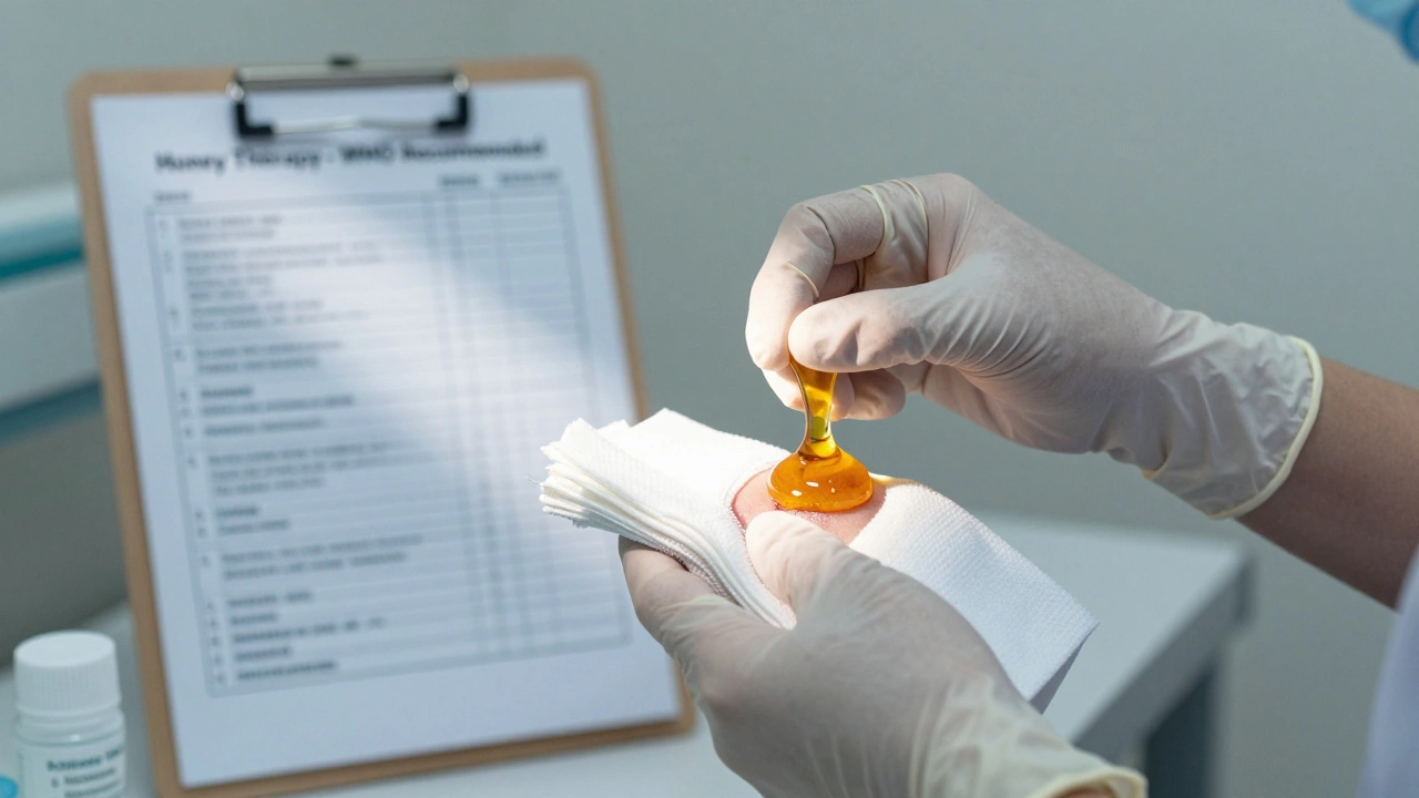 Мед наносится на хроническую рану в больнице, медсестра в перчатках, согласно рекомендациям ВОЗ.