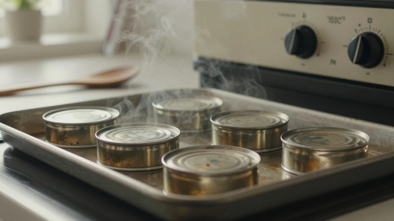 Металлические крышки на противне в теплой духовке, легкий пар поднимается от них.