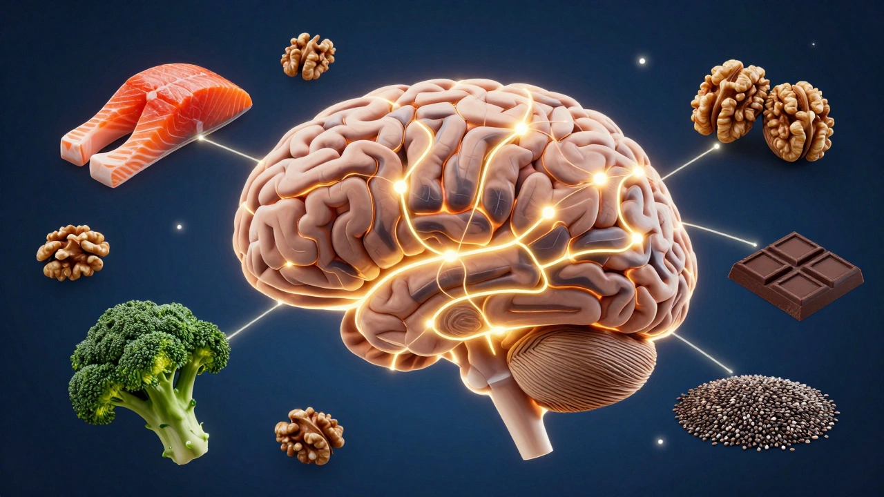 Мозг с светящимися нейронами, окруженный полезными для ума продуктами.