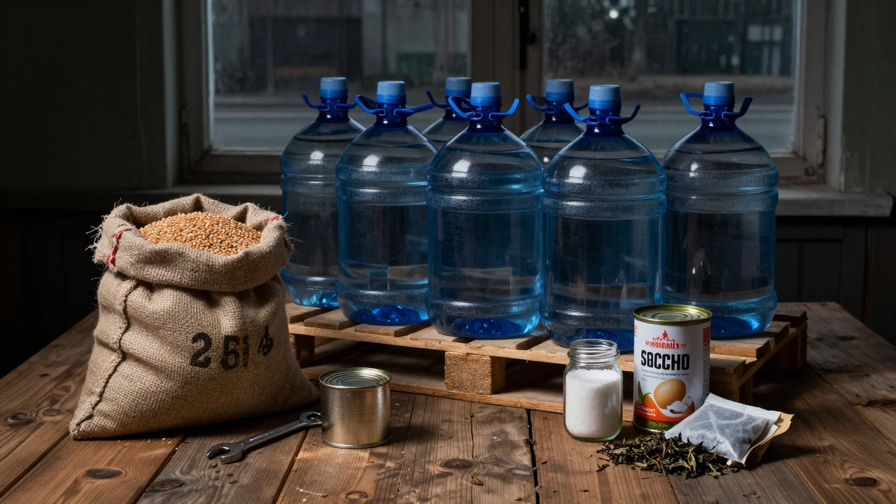 Набор продуктов для выживания: мешок крупы, канистры с водой, банки тушенки, соль и чай на деревянном столе.