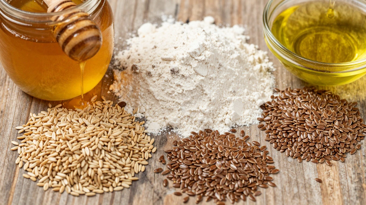 Натуральные ингредиенты: мука, мёд, масло и семена на столе