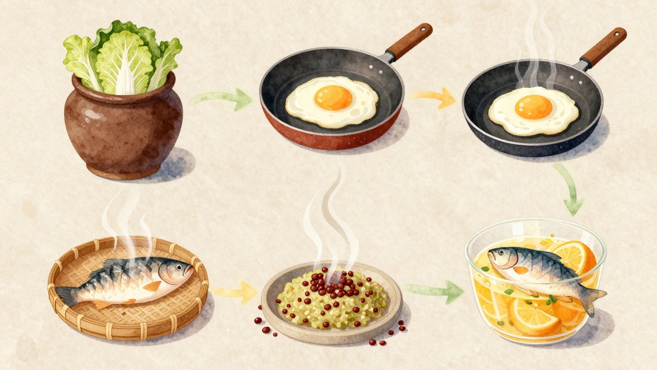 Пять методов приготовления пищи: ферментация, жарка, паровая обработка, измельчение и маринование.