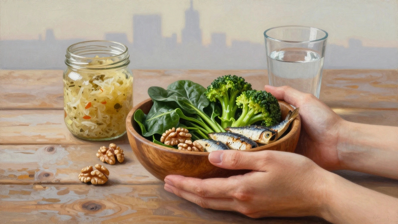 Простая миска с зеленью, брокколи, орехами и сардинами на деревянном столе под утренним светом.