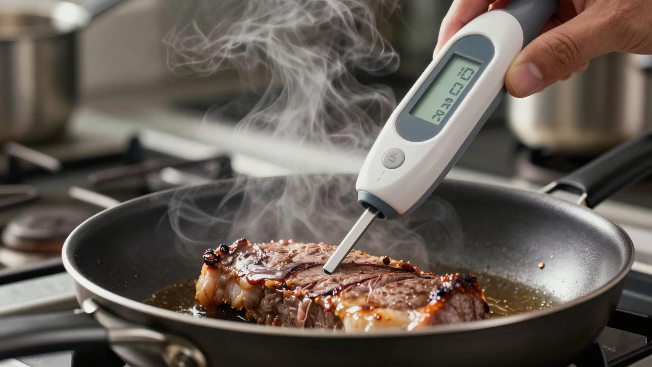 Проверка температуры еды термометром при разогреве