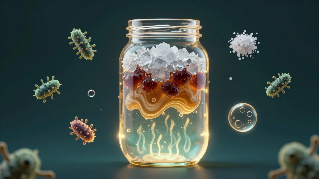 Прозрачная банка с внутренними слоями, символизирующими стерилизацию, маринование и консервирование сахаром.