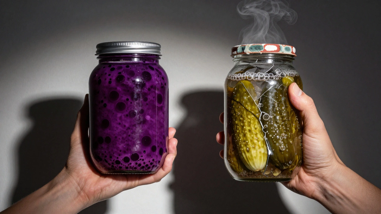 Разделённая рука: одна держит идеально заквашенные овощи, другая — треснувшую банку с плесенью.