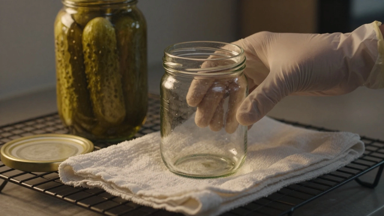 Рука в перчатках ставит стерилизованную банку на полотенце горлышком вверх.