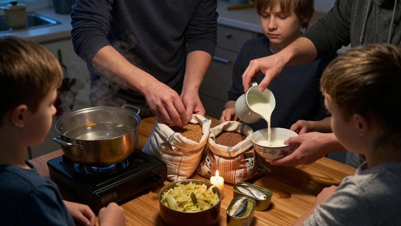Семья готовит еду из сухих бобовых и крупы на кухне при свете свечи, рядом — консервы и сухое молоко.
