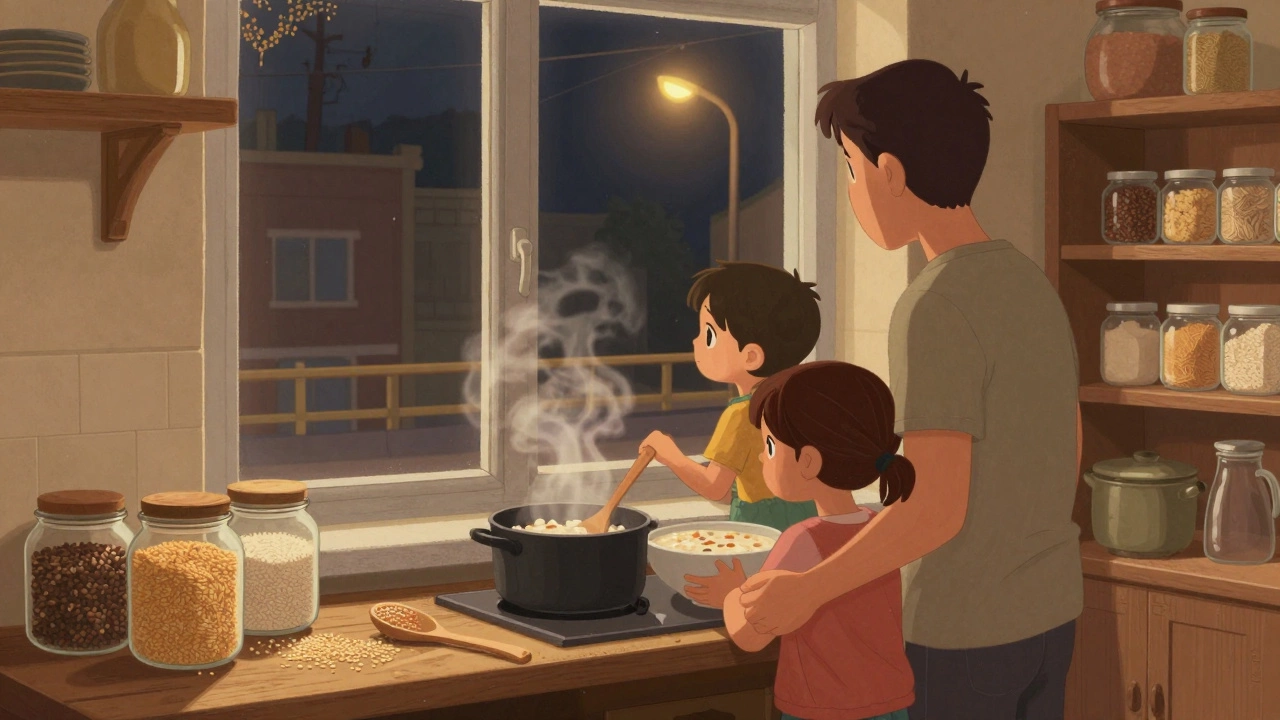 Семья готовит кашу из запасных круп, за окном — пустые полки магазина.