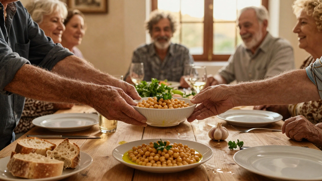 Семья в Сардинии ужинает вместе, на столе чечевица, оливковое масло и хлеб.