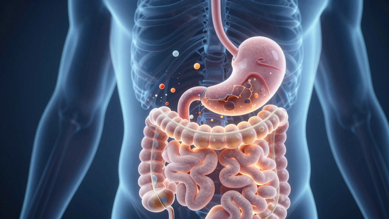 Схема пищеварительного тракта с подсветкой процессов переваривания и всасывания