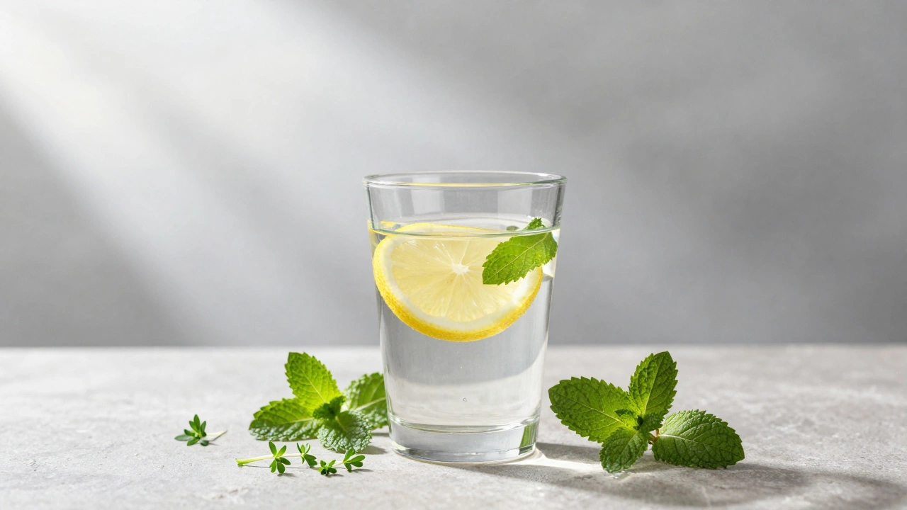 Стакан воды с лимоном и зеленью, символизирующие гидратацию весной.
