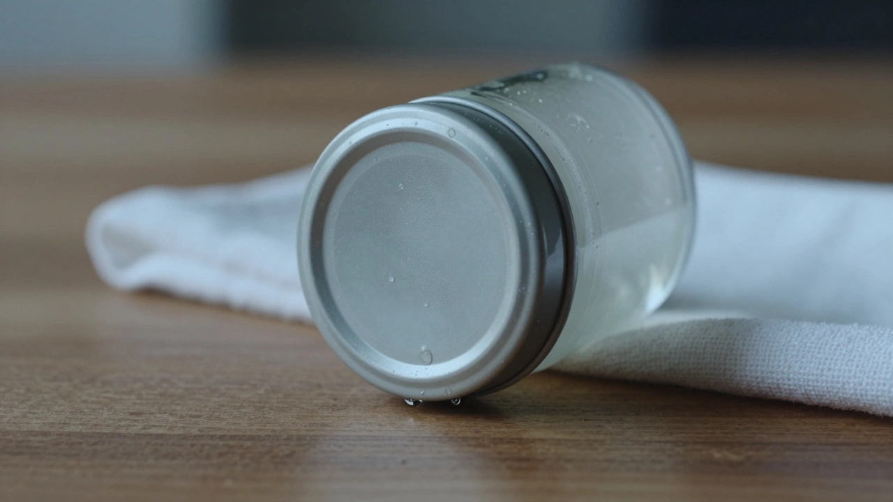 Стеклянная банка с герметичной крышкой, перевёрнутая на деревянной поверхности, капля воды на краю.
