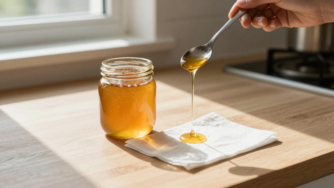 Стеклянная банка с кристаллизованным медом и ложкой, капающей золотистой нитью на бумажном полотенце.