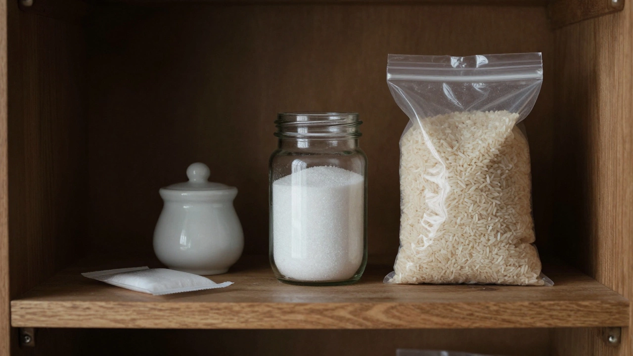 Стеклянная банка с сахаром, солонка и мешок с рисом на деревянной полке в кладовой.