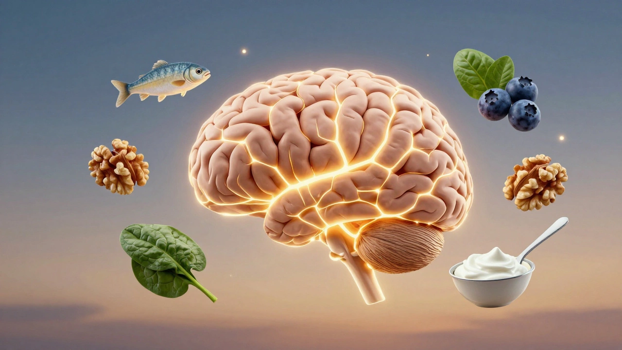 Светящийся мозг с плавающими продуктами, улучшающими когнитивные функции